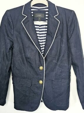 J. Crew Linen Blazer Petite 4 Navy Nautical Gold Button Preppy Coastal Jacket